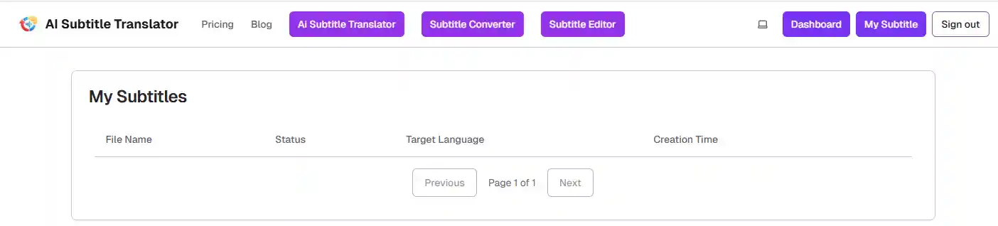 Dashboard view showing processed files in the ai subtitle translator free, allowing online preview, quick adjustments, and one-click downloads for translated subtitles across multiple languages.