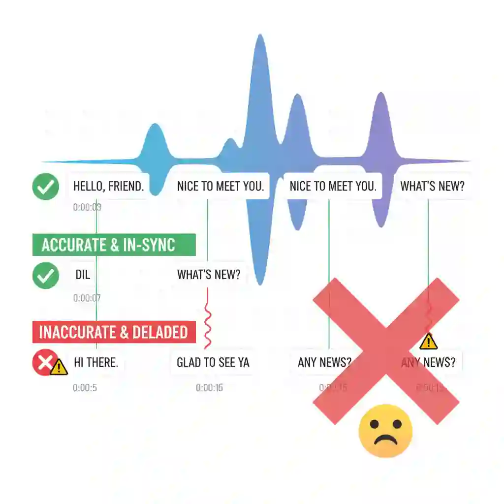 Common accuracy and synchronization issues with basic tools compared to an ai subtitle translator free, highlighting timestamp misalignment risks and the importance of precise translation that preserves original timecodes across languages.