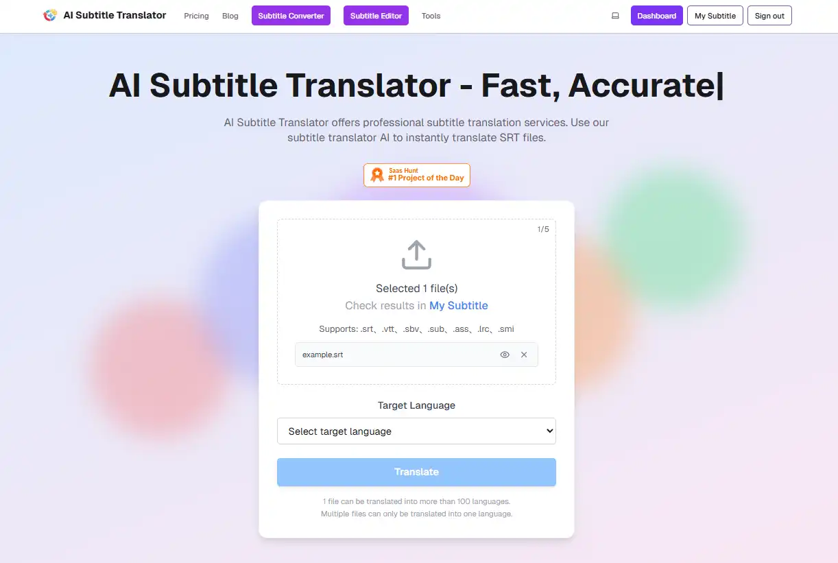 Start the seamless process by uploading your file into the best document translation software, which offers a frictionless drag-and-drop interface supporting various formats like SRT, VTT, and ASS without the need for accounts.