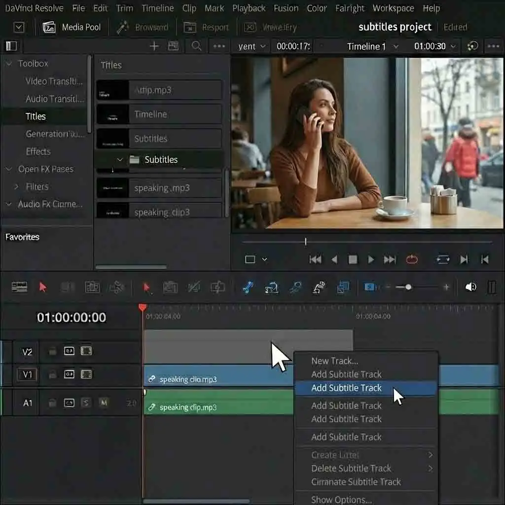 A context menu in the DaVinci Resolve timeline showing the Add Subtitle Track option, which creates a dedicated track for managing and displaying your synced davinci resolve subtitles separate from video and audio layers.