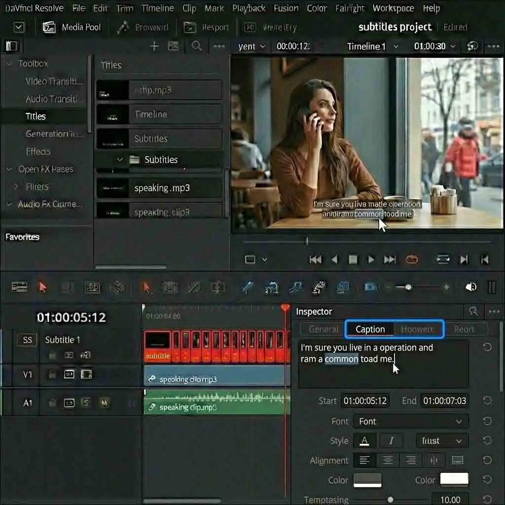 The Caption tab in the DaVinci Resolve Inspector window allowing for detailed editing of text content and fine-tuning of in-and-out timecodes for a single selected clip within your davinci resolve subtitles track.