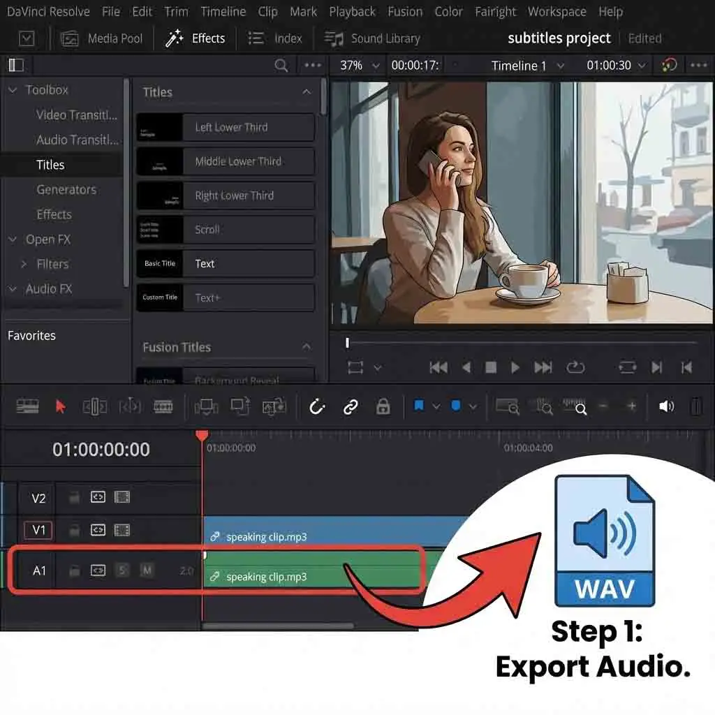 A screenshot demonstrating the first step of the workflow by exporting audio from DaVinci Resolve as a WAV or MP3 file, which serves as the essential base for generating accurate davinci resolve subtitles using external tools.