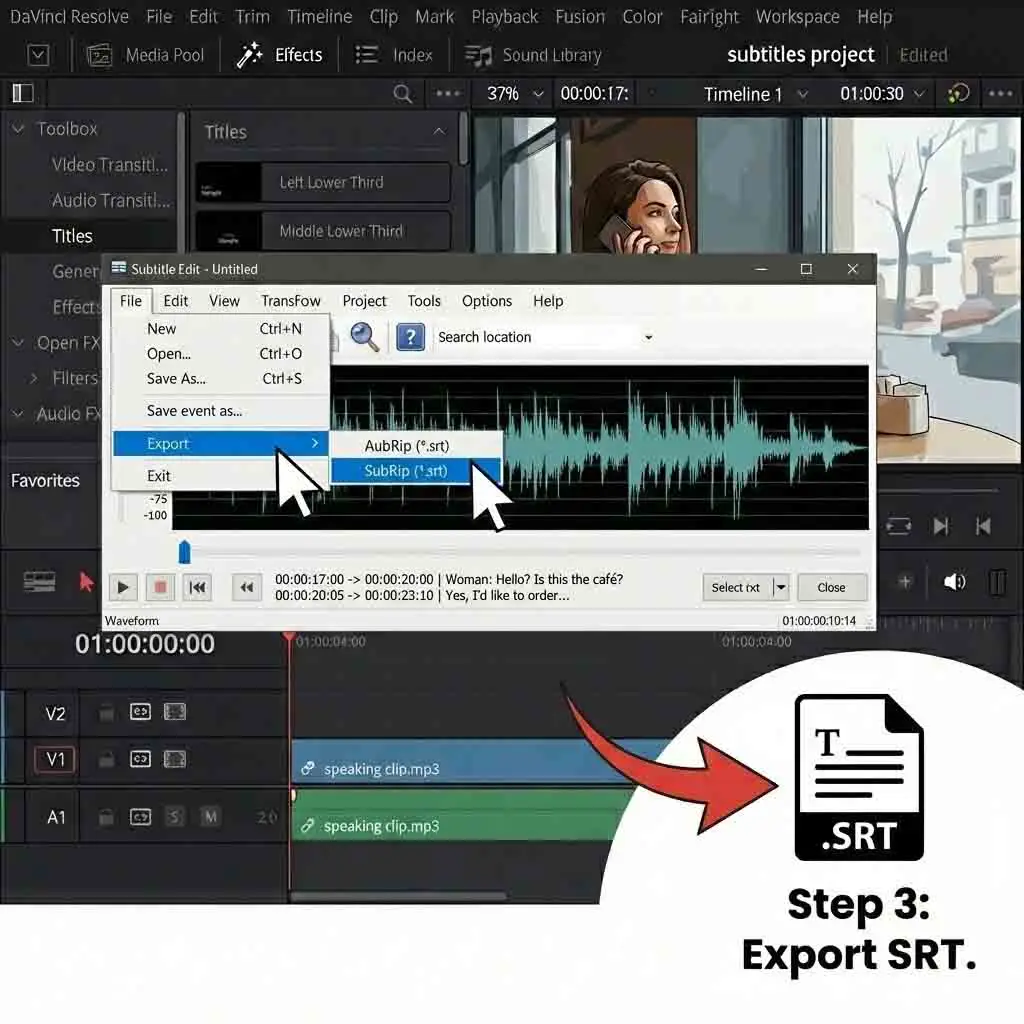 A guide on exporting the final transcription from Subtitle Edit as an SRT file, ensuring you have a high-quality and accurate text file ready for the davinci resolve subtitles import process to streamline your editing.