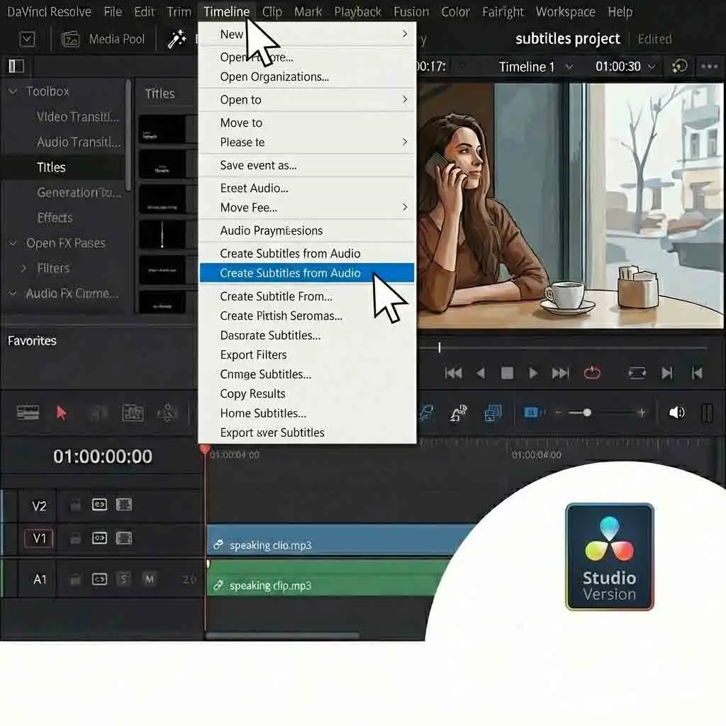 A screenshot of the DaVinci Resolve Studio interface showing the location of the auto subtitles davinci resolve function under the Timeline menu, highlighting the integrated feature available for paid users to generate captions without external files.