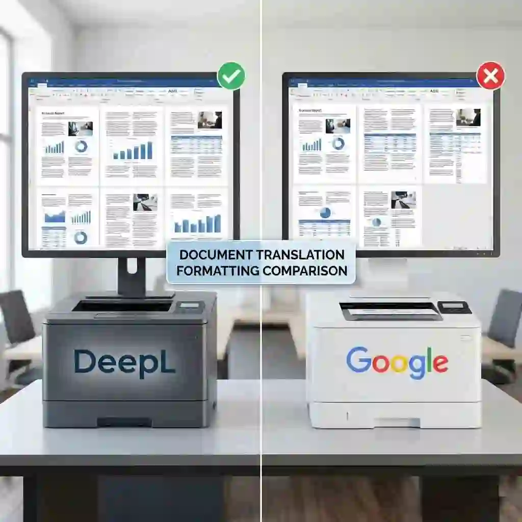 A demonstration of document translation capabilities showing how each platform preserves original formatting in complex files like PDFs and DOCX during the critical deepl vs google translate document handling test.