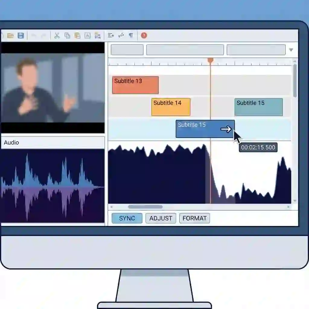 Technical panel shows SRT formatting, synchronizing timecodes with dialogue so subtitling translation remains readable, properly segmented, and aligned to CPS and CPL standards for comfortable viewing.