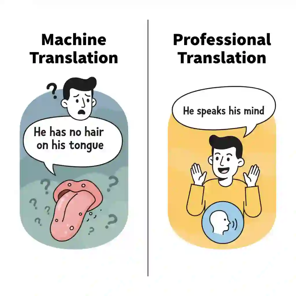 Side-by-side comparison contrasts robotic literal output with human-led subtitling translation, highlighting idioms, context, and tone preserved through culturally aware, audience-friendly phrasing and readable timing standards.