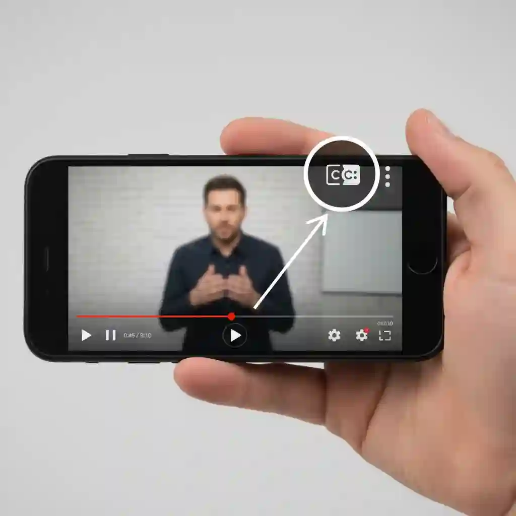 A mobile screen display showing the YouTube app interface and pointing to the CC icon, illustrating exactly how to get english subtitles on youtube when watching videos on iOS or Android devices.