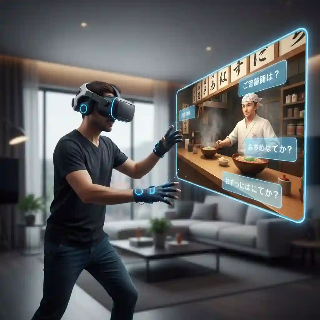 A user wearing a VR headset extensively interacting with a virtual environment, simulating real-life conversations to practice immersion language learning in a risk-free and highly engaging digital setting.