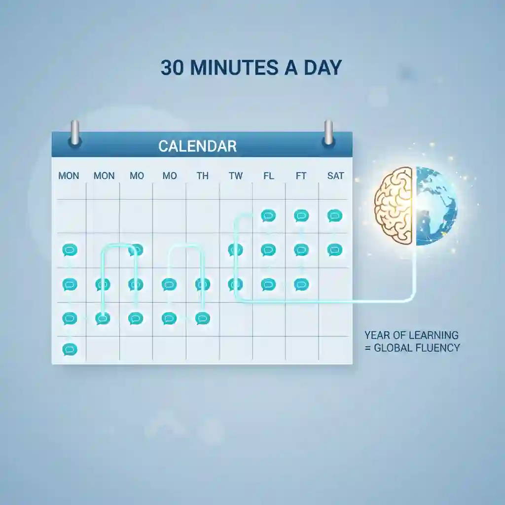 An illustration depicting various micro-habits such as reading on a train and listening while jogging, effectively demonstrating how to integrate immersion language learning into fragmented daily time slots.