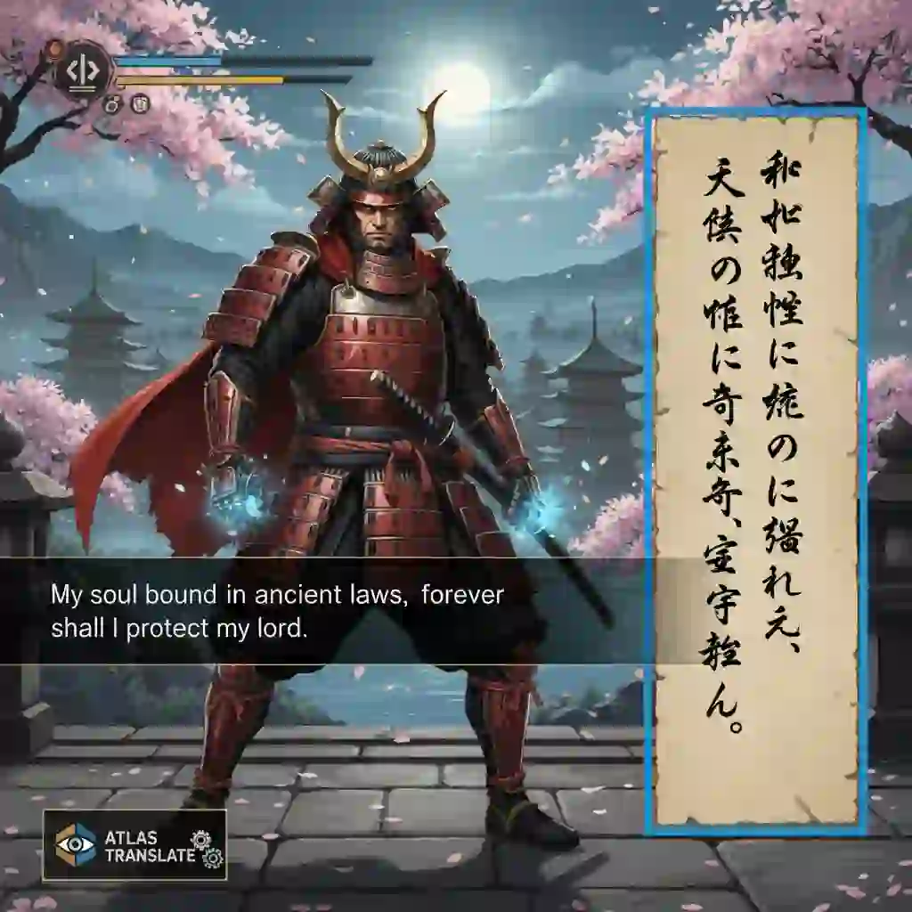 An example of a live screen translator pc handling vertical text and artistic fonts in a Japanese game, demonstrating the advanced OCR capabilities required to accurate identify and translate stylized characters.