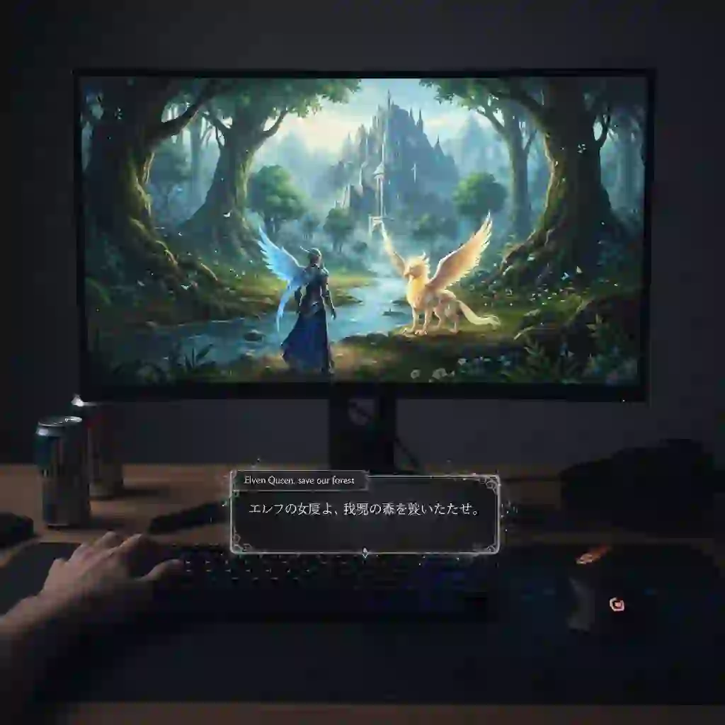 An in-game screenshot demonstrating the pc game translator overlay feature of a live screen translator pc, where translated text appears transparently over the original dialogue without blocking the action or breaking immersion.