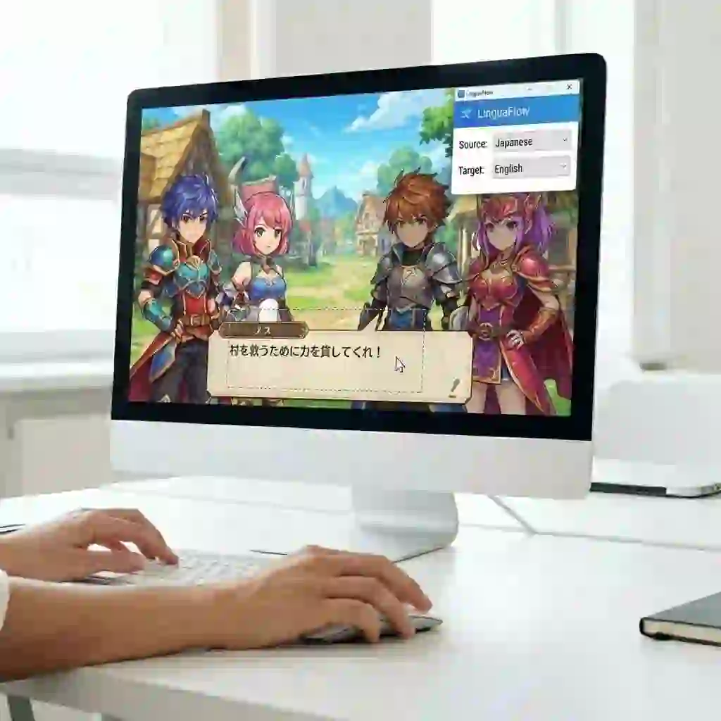 A user demonstrating how to select the translation area using a live screen translator pc tool, drawing a box around game dialogue to initiate real-time translation from the source language to the target language.