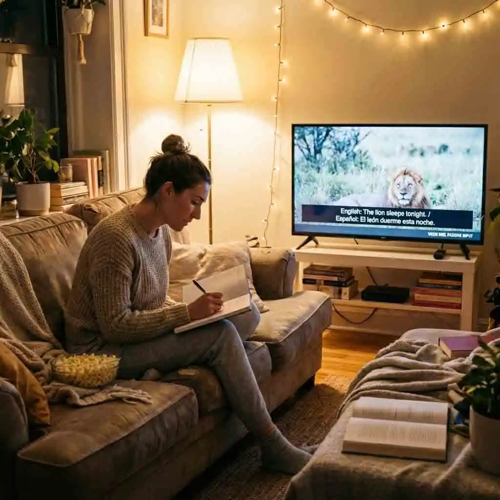 A dedicated learner pausing their show to take notes of new vocabulary words and their context, a key strategy in the active learning phase of using netflix double subtitles for language mastery.