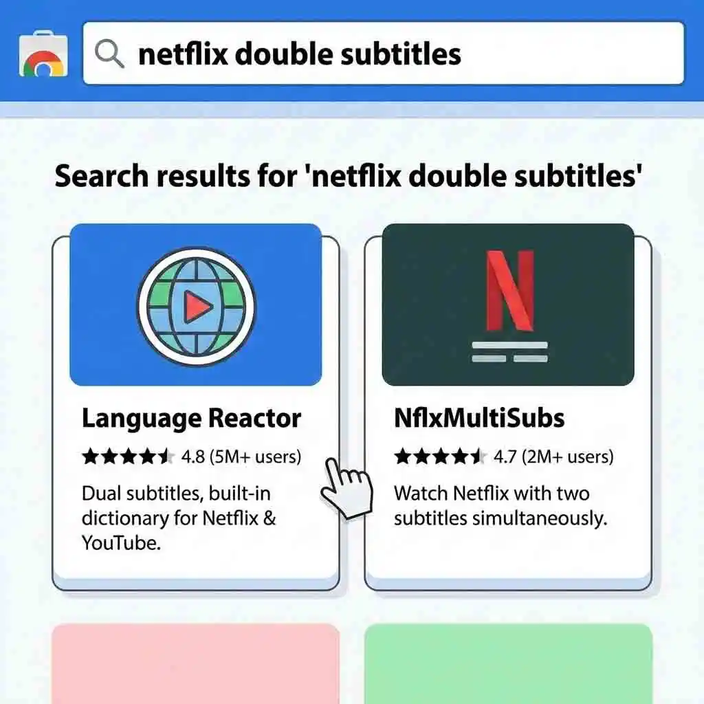 A comparison of popular browser extensions like Language Reactor and NflxMultiSubs that enable netflix double subtitles, giving users various options to customize their language learning experience with dual language display features.