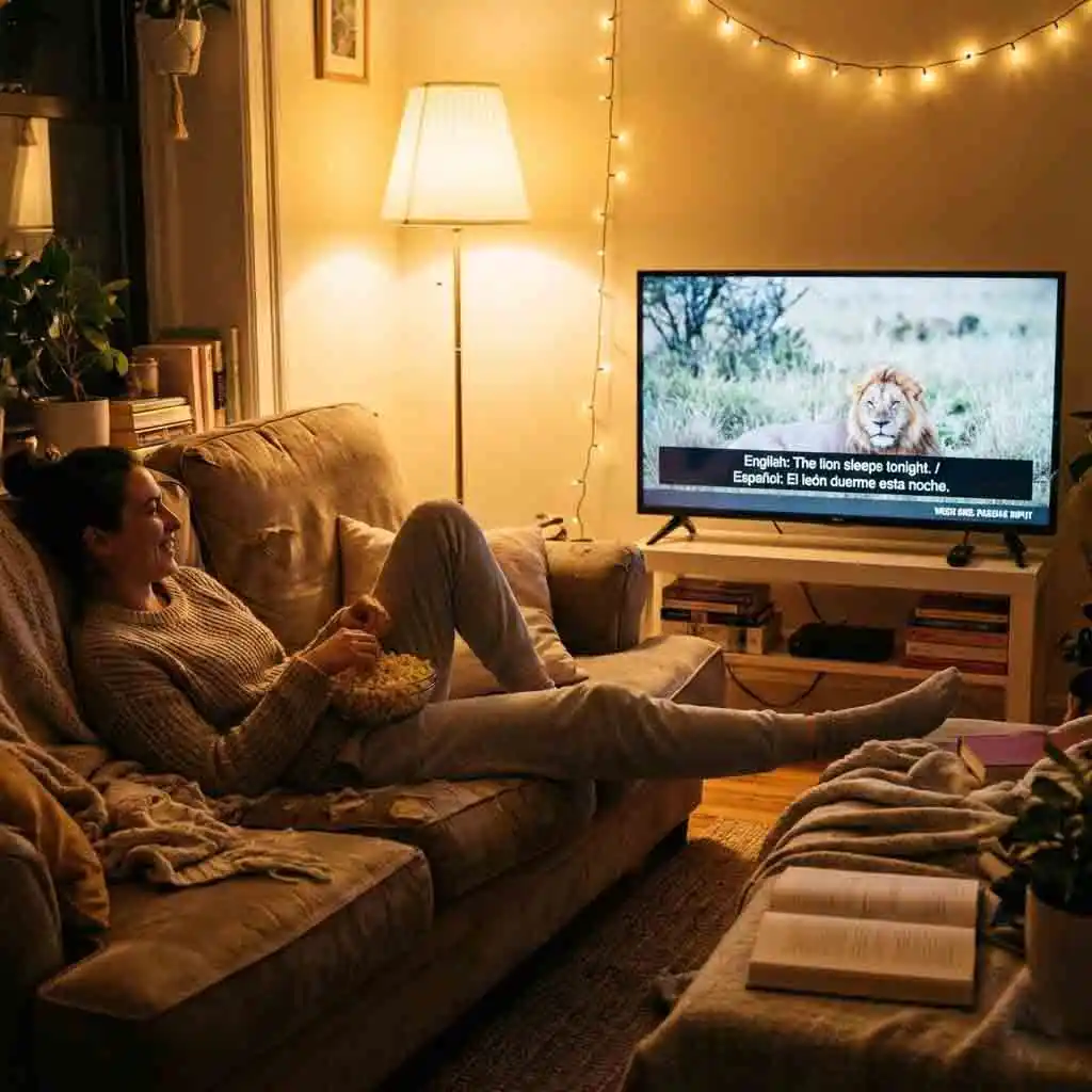 A relaxed viewer enjoying a movie while absorbing a new language through netflix double subtitles, illustrating the stress-free 'passive input' phase where the goal is adaptation rather than intense memorization or study.