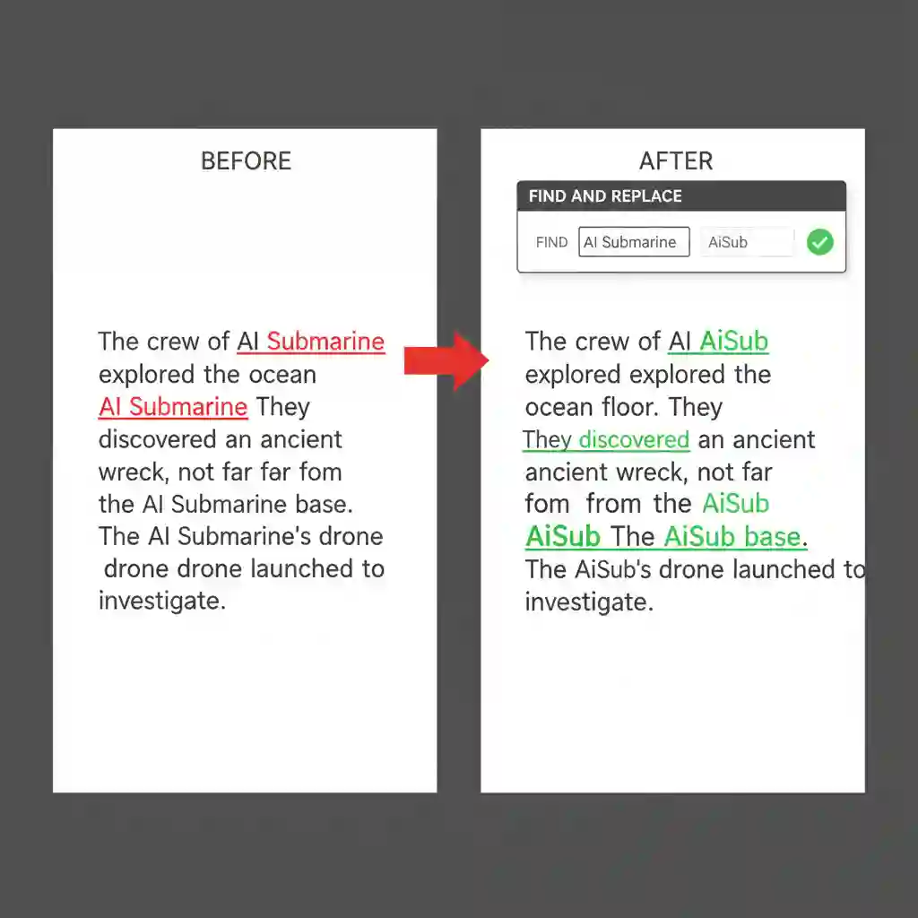 Screenshot demonstrating how find-and-replace corrects systemic errors after automatic subtitle translator processing, fixing repeated brand name mistakes and terminology inconsistencies quickly across the entire SRT file in seconds.