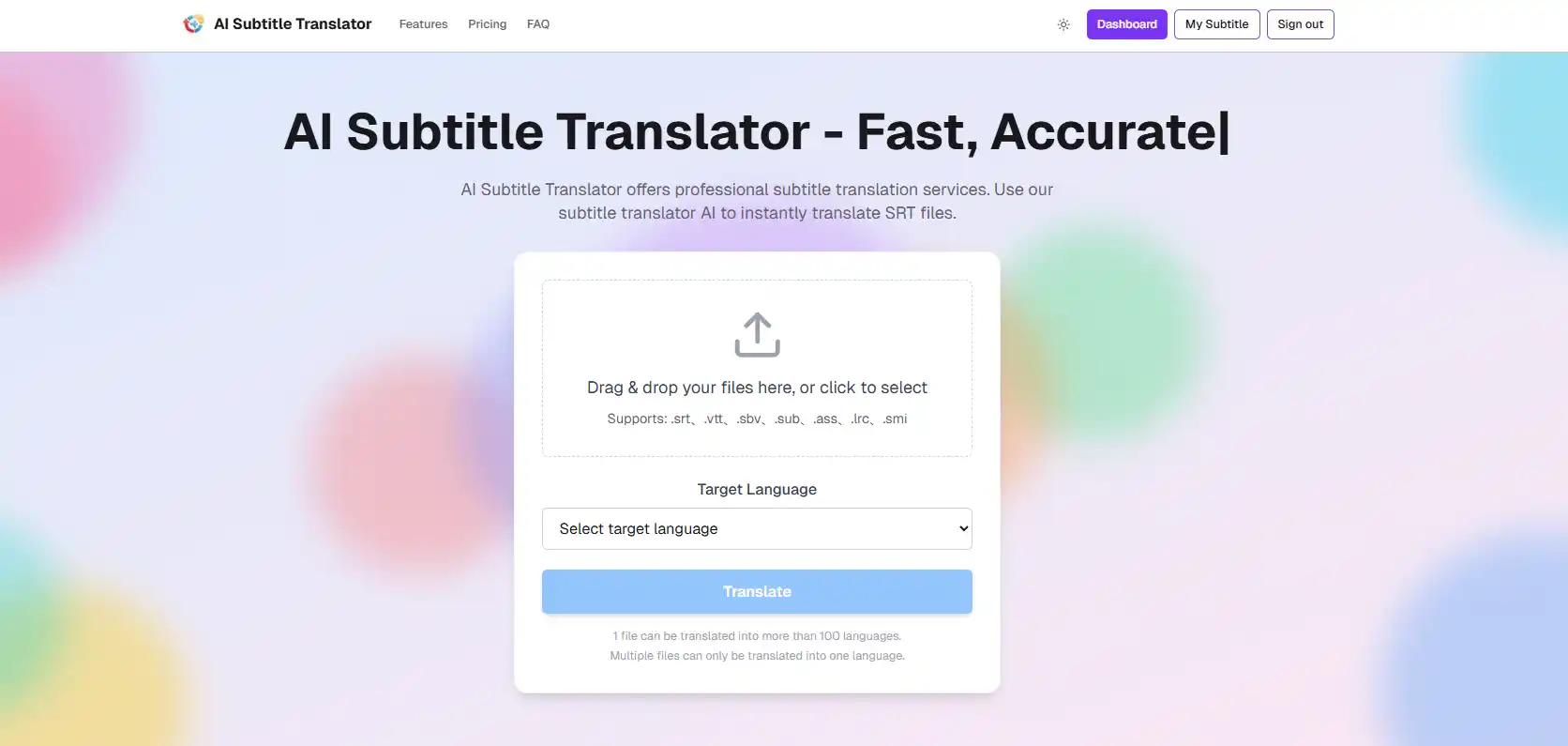 Feature overview illustrating an automatic subtitle translator’s bulk SRT upload, multi-language selection, instant translation, and integrated editor with timeline sync, enabling efficient caption production without repetitive manual steps or vendor delays.
