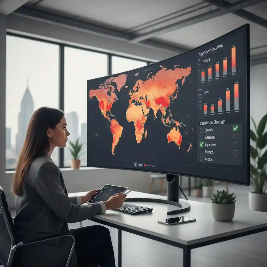 Diagram of a language selection strategy for an automatic subtitle translator, using analytics to prioritize countries and maximize impact, ensuring captions target real audiences rather than spreading resources thin across low-value locales.