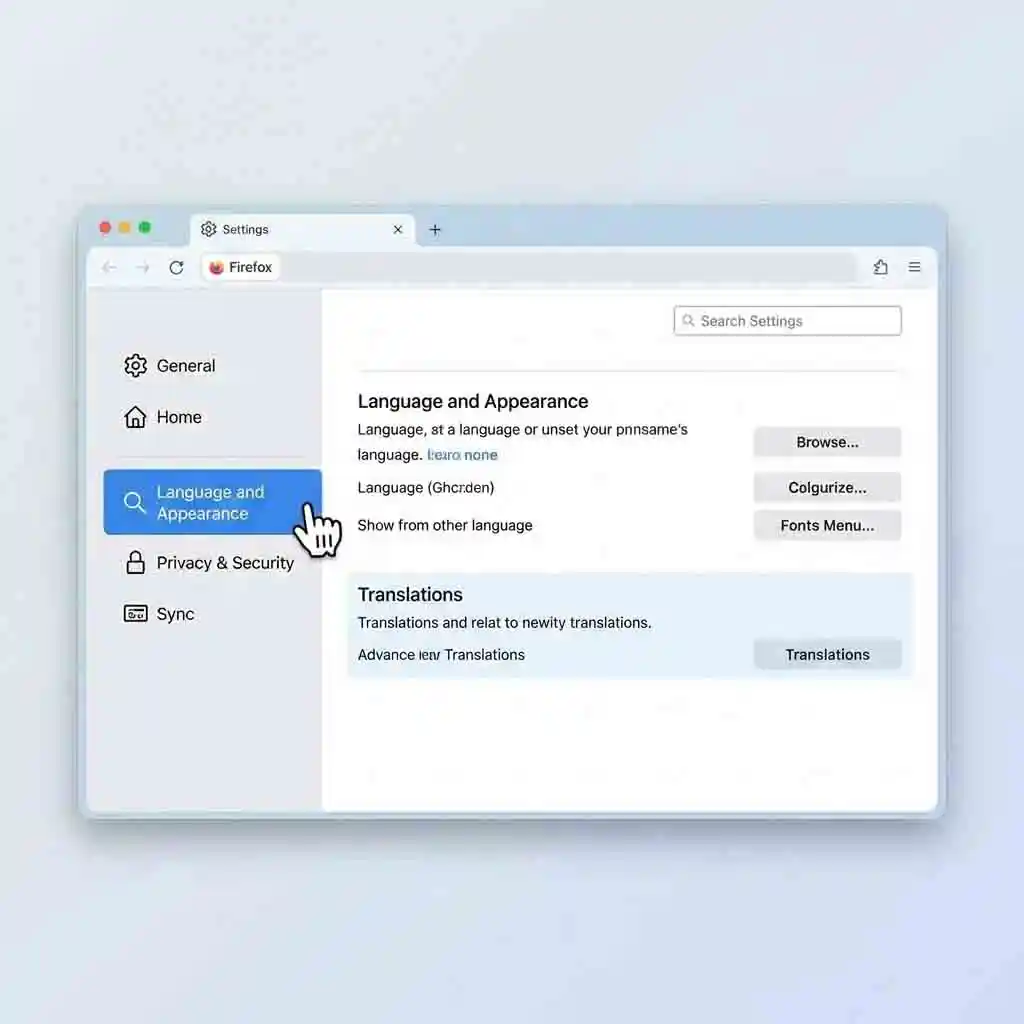 Screenshot of Firefox language settings menu showing how to configure preferences and install language packs to enable the feature to translate page in mozilla for offline use and automatic detection